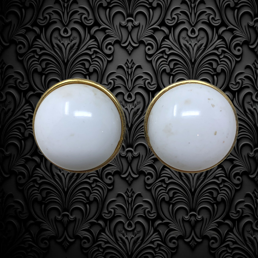 Vintage Monet White Cabochon Button Gold Setting Clip On Earrings 1980s New Wave